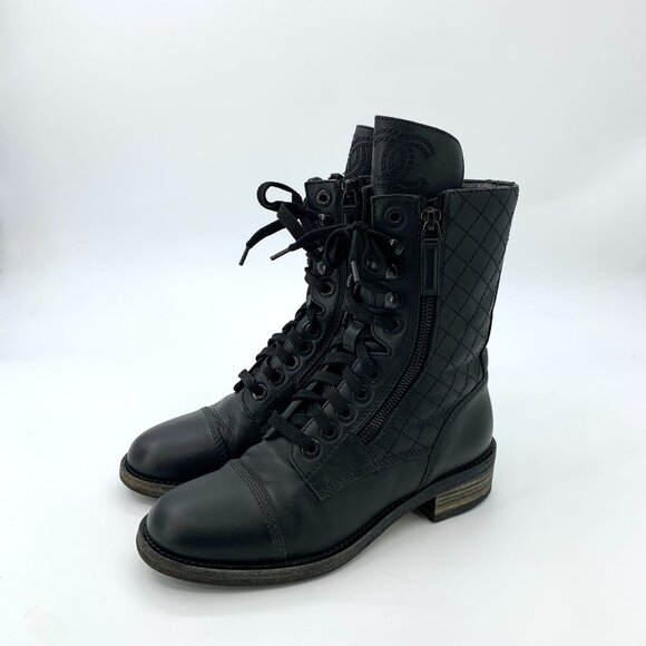 Chanel Black Lace-Up Leather Combat Boots With Quilted Side Panels & Zipper Clos - Picture 1 of 8